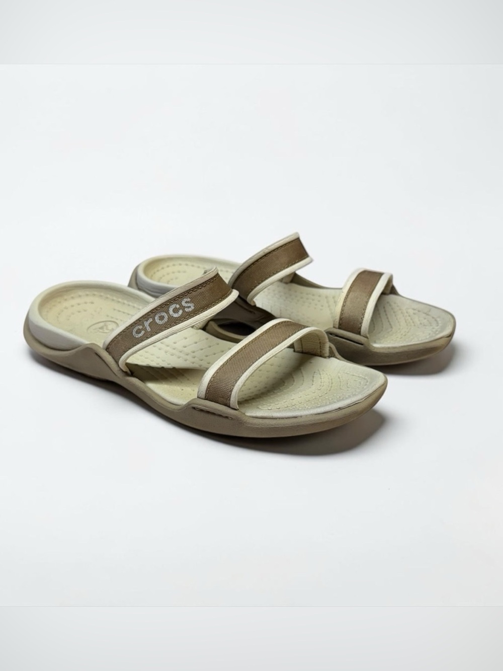 Crocs Womens Reviva Sandals Size 8 Two Strap Open Toe Slip Ons Brown Beach